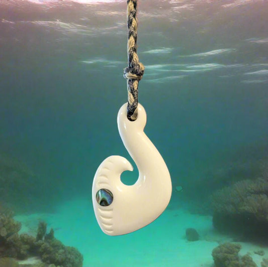 Maori Inspired Bone Fish hook Necklace with Paua Shell NZPfh40 Earthbound Pacific