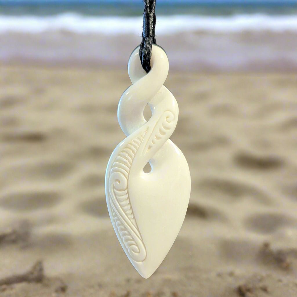 Maori Love and Friendship Double Infinity Twist Carved Bone Necklace WbPk75 Earthbound Pacific