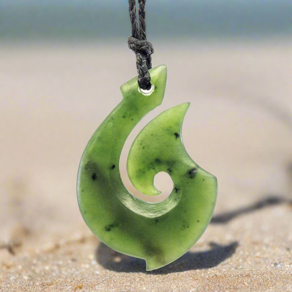 Matte Finish Nephrite Jade Hei Matau Fish Hook Necklace Earthbound Pacific NATURAL