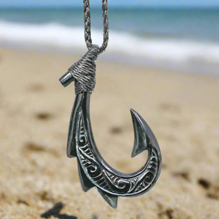 destiny mysterious fish hook Hawaiian Fish Hook Necklace Scrimshaw Dragon Back Horn Design Earthbound Pacific