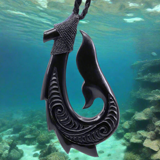 Stylized Hawaiian Fish Hook Pendant | Black Horn Necklace with Unique Color Cord Options Earthbound Pacific
