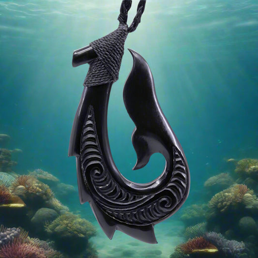 Hawaiian Fishhook Necklace Stylized Black Horn Whale Fluke Design BHF5026b Earthbound Pacific
