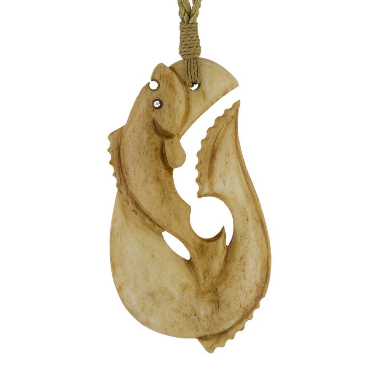 Hawaiian Fish Hook Necklace (Black Buffalo Bone) - Hand Carved