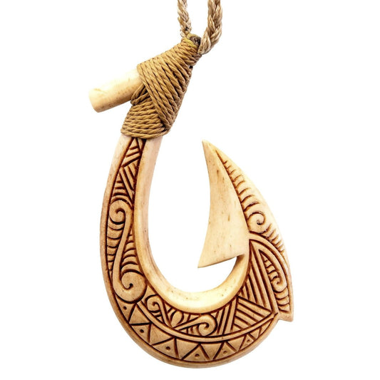 bone fish hook meaning Carving Pendant B97 Large Hei Matau Necklace with Hook and necklace are woven together and not detachable. Koa Wood and Bone Fish