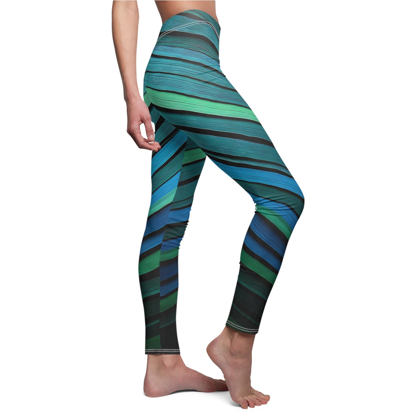 Leggings Blue Green Stripes Women's Casual Leggings