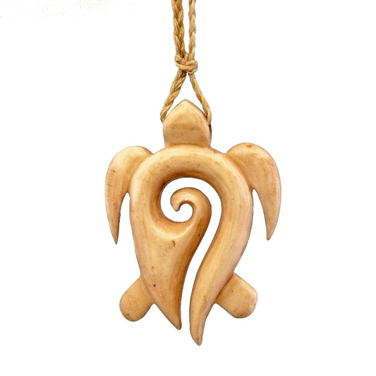 Hand-Carved Bone Honu Turtle Necklace – Māori Koru Spiral Pendant
