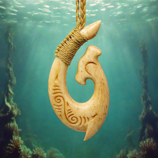 Unique Hand Carved Aged Bone Hammerhead Shark Design Fish Hook Necklace with Adjustable Cord Binding ABHFH55N Earthbound Pacific