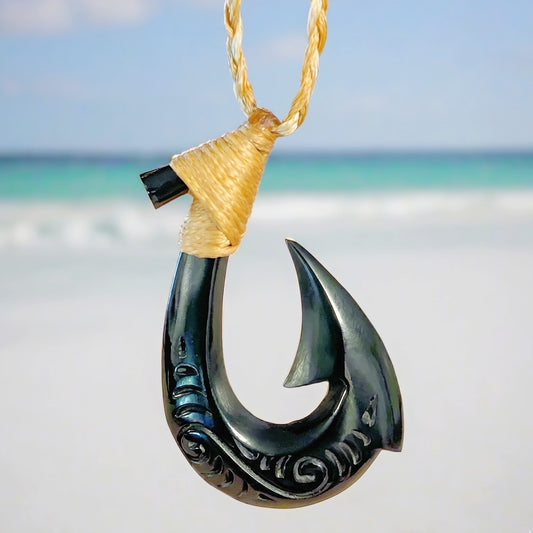 Hand-Carved Black Buffalo Horn Hawaiian Fish Hook Necklace