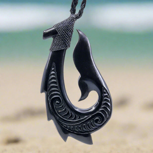 Stylized Hawaiian Fish Hook Pendant | Black Horn Necklace with Unique Color Cord Options Earthbound Pacific