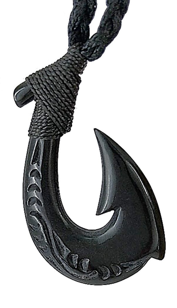 Black Horn Small Stylized Hawaiian Fish Hook Necklace with Scrimshaw and Custom Binding Options - Earthbound Pacific