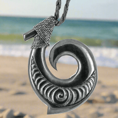 Black Horn Maori Hei Matau Fish Hook Necklace with Scrimshaw Koru FH0015hb Earthbound Pacific