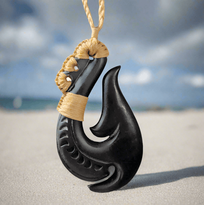 Black Horn Stylized Hawaiian Fish Hook Necklace with Specialty Binding XLhfh63pb Earthbound Pacific