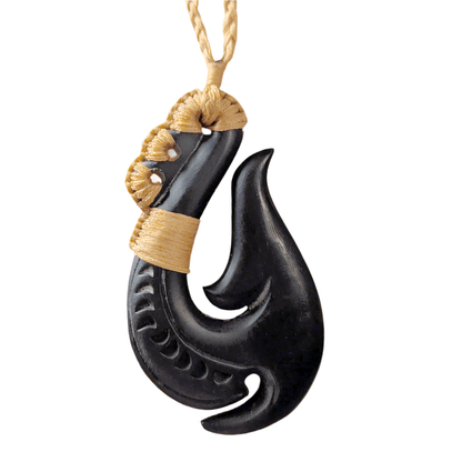 Black Horn Stylized Hawaiian Fish Hook Necklace with Specialty Binding XLhfh63pb Earthbound Pacific