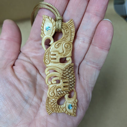 Hand Carved Aged Bone Maori Inspired Manaia Necklace BMY80X4AT Earthbound Pacific