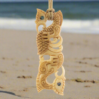 Hand Carved Aged Bone Maori Inspired Manaia Necklace BMY80X4AT Earthbound Pacific