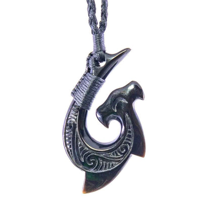 Hand-Carved Black Horn Hammerhead Shark Hawaiian  Hook Necklace with Scrimshaw.