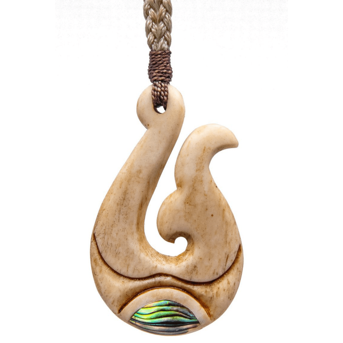 carved fishing hook of whale bone Hand Carved Bone Fish Hook Whale Tail Necklace & Paua Shell Inlay Earthbound Pacific Black Cord