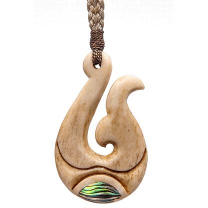 Hand Carved Bone Fish Hook Whale Tail Necklace & Paua Shell Inlay PFW055Cey Earthbound Pacific