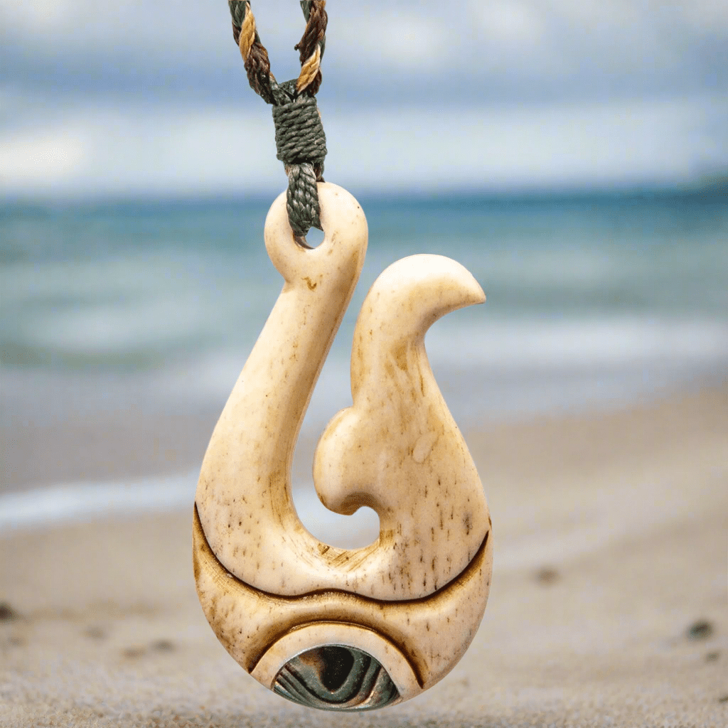 Hand Carved Bone Fish Hook Whale Tail Necklace & Paua Shell Inlay PFW055Cey Earthbound Pacific