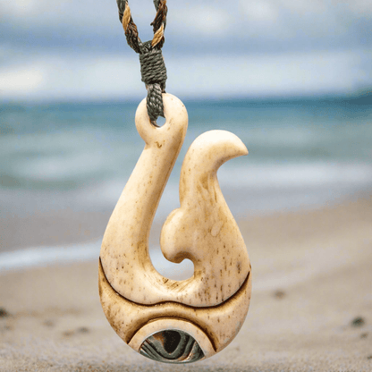 Hand Carved Bone Fish Hook Whale Tail Necklace & Paua Shell Inlay PFW055Cey Earthbound Pacific