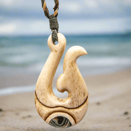 Hand Carved Bone Fish Hook Whale Tail Necklace & Paua Shell Inlay Earthbound Pacific Black Cord