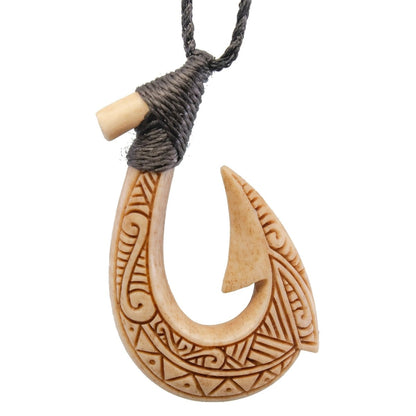 Hand Carved Bone Fish Hook with Hawaiian Inspired Scrimshaw ETBABFH45B Earthbound Pacific