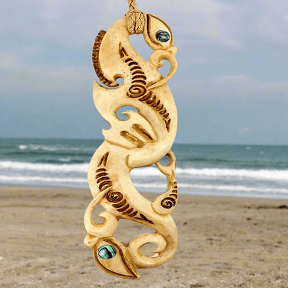 Hand Carved Maori Bone Manaia Necklace with Scrimshaw XXL 3XLM143n2 Earthbound Pacific