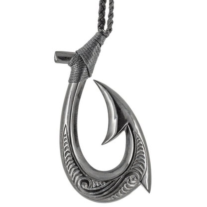 Hand Carved Natural Black Horn Pacific Island Hawaiian Fish Hook Necklace - XXL XXLFH9044hn Earthbound Pacific