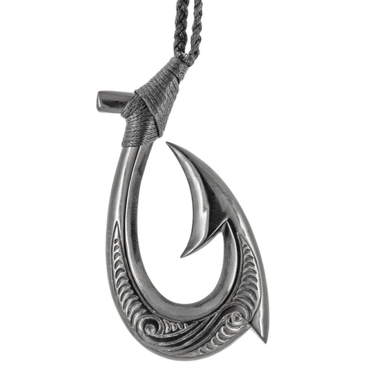 Hand Carved Natural Black Horn Pacific Island Hawaiian Fish Hook Necklace - XXL XXLFH9044hn Earthbound Pacific