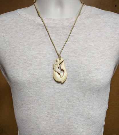 Hand Carved Pacific Salmon Design Hawaiian Fish Hook Necklace SFH5730Ey Earthbound Pacific