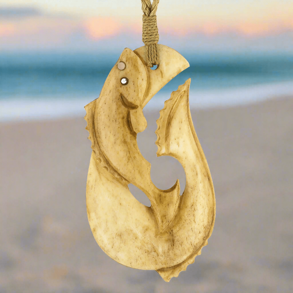 Hand Carved Pacific Salmon Design Hawaiian Fish Hook Necklace SFH5730Ey Earthbound Pacific