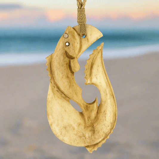 Hand Carved Pacific Salmon Design Hawaiian Fish Hook Necklace SFH5730Ey Earthbound Pacific