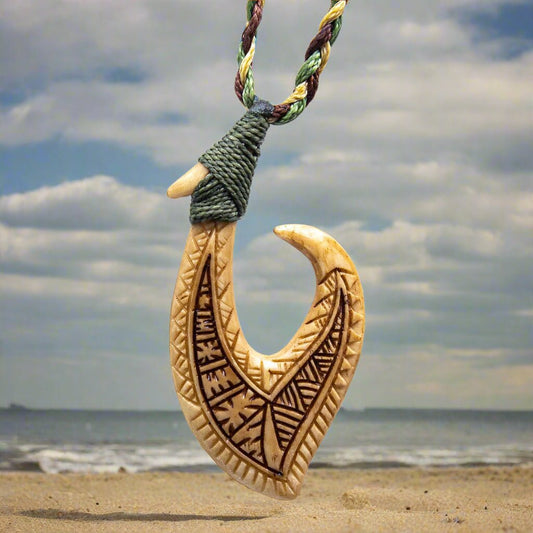 Hawaiian Fish Hook Necklace Aged Bone with Specialty Scrimshaw BABFH50C Earthbound Pacific