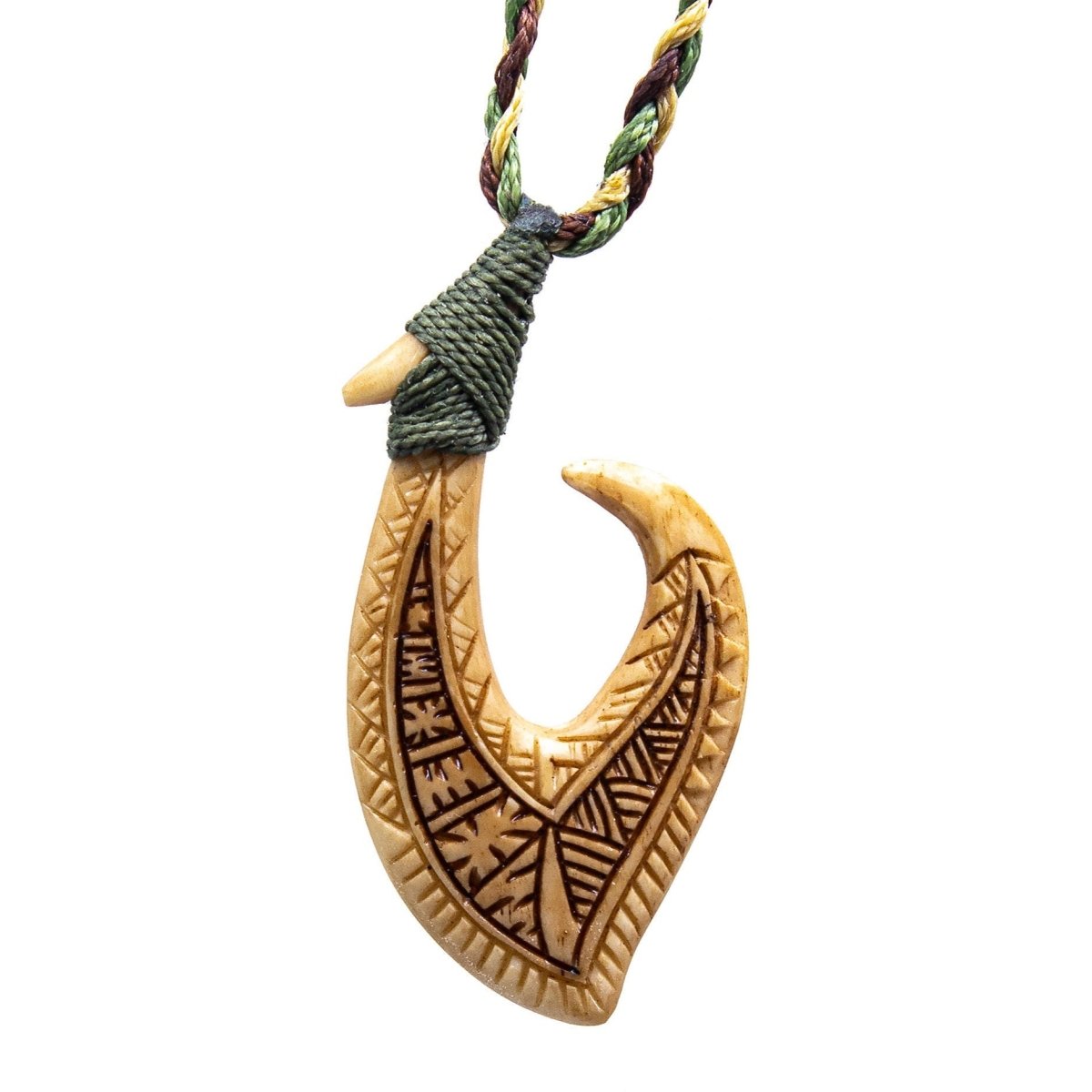 Hawaiian Fish Hook Necklace Aged Bone with Specialty Scrimshaw BABFH50C Earthbound Pacific