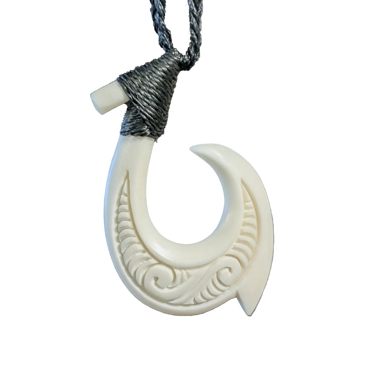 Hawaiian Fish Hook Necklace Hand Carved Stylized Scrimshaw Earthbound Pacific Solid Black Cord