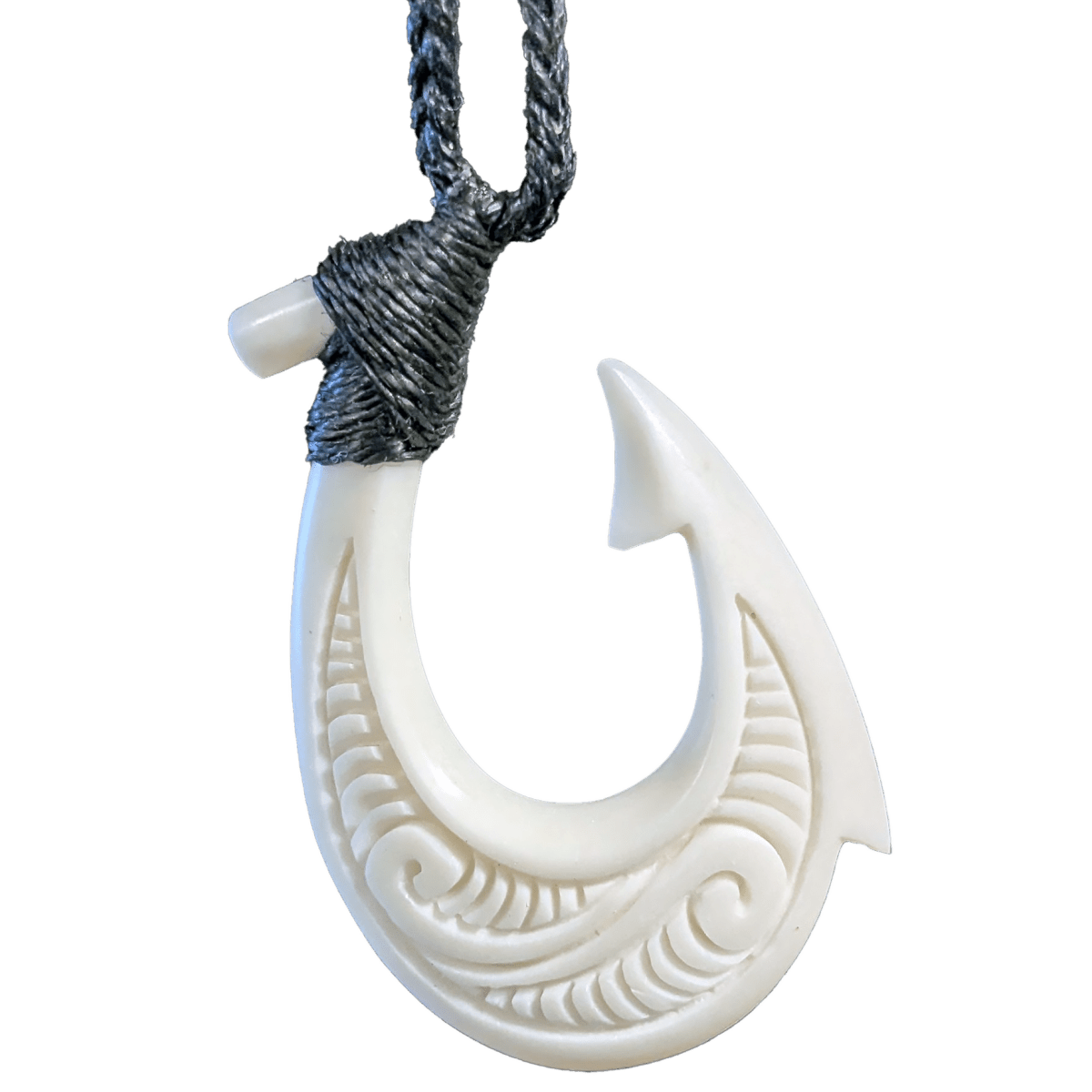 Hawaiian Makau Fish Hook Necklace Carved Bone Stylized with Two Sided Scrimshaw Earthbound Pacific