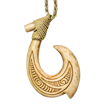 Maori Hawaiian Bone Fish Hook Necklace, Scrimshaw Carved Hei Matau Pendant ABFH4832NC2 Earthbound Pacific