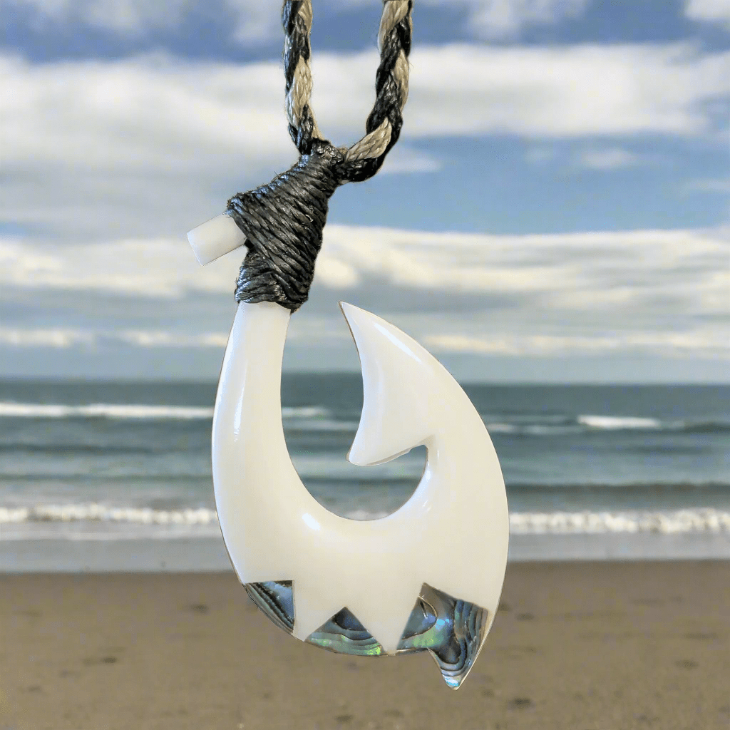Maori Hei Matau Hook Necklace with Paua Shell Accents FHP45B Earthbound Pacific