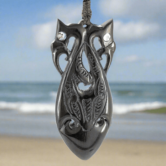 Maori Inspired Black Horn Manaia Necklace with Scrimshaw BHM5833b Earthbound Pacific