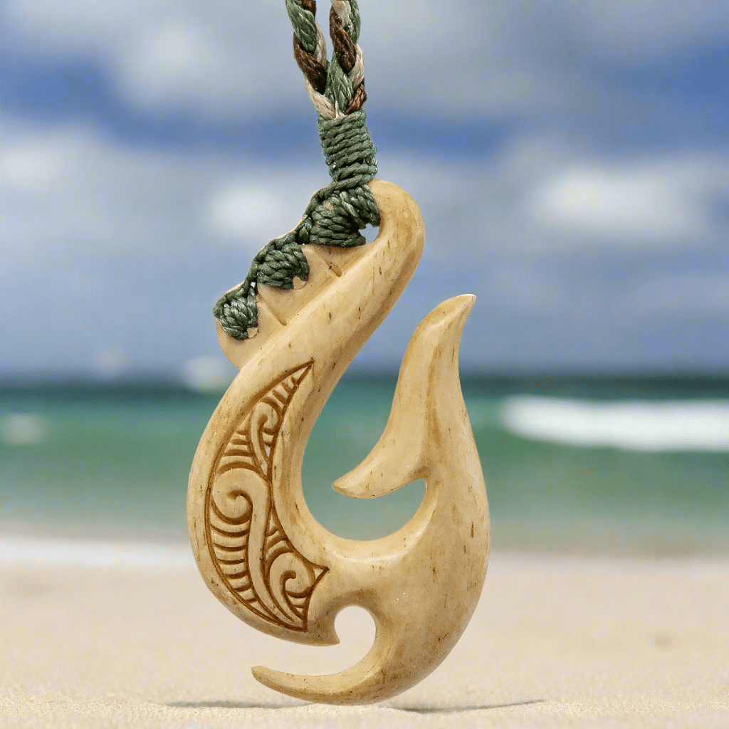 Maori Inspired Fish hook Necklace with Scrimshaw and Specialty Binding. ABFS45SGC Earthbound Pacific