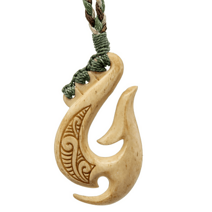 Maori Inspired Fish hook Necklace with Scrimshaw and Specialty Binding. ABFS45SGC Earthbound Pacific