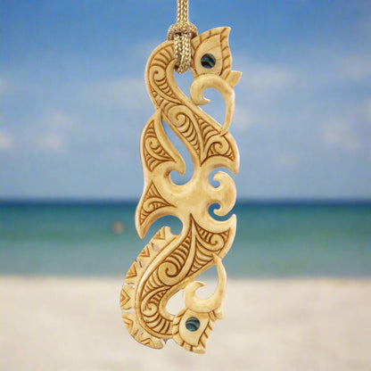 Māori Inspired Manaia Hand Carved Bone Necklace BMY80X3AT Earthbound Pacific