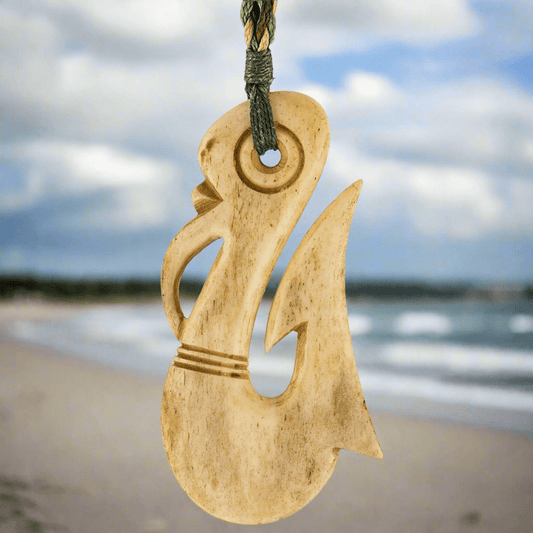 Maori Inspired Stylized Manaia Aged Bone Fish Hook Necklace ABMFH65 Earthbound Pacific
