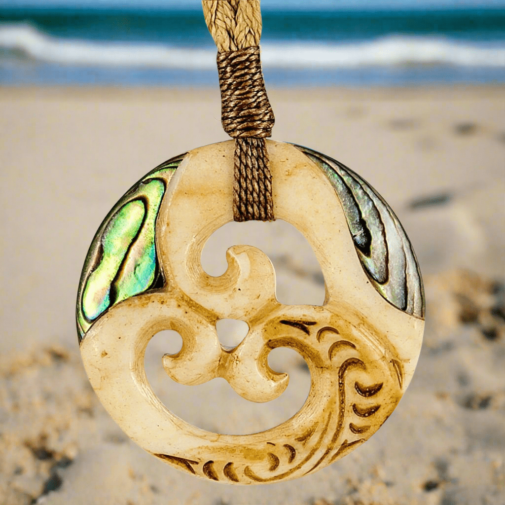 Maori Inspired Triple Koru Spiral with Paua Inlay Necklace ABTK30n Earthbound Pacific