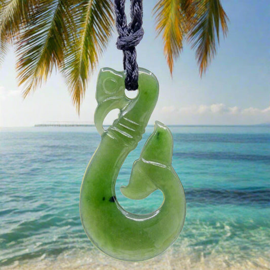 Nephrite New Zealand Maori Stylized Manaia Jade Fish Hook Necklace OCJM45B Earthbound Pacific