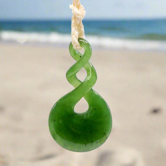 New Zealand Maori Inspired Nephrite Jade Stylized Double Twist Pikorua Necklace JDT062432 Earthbound Pacific