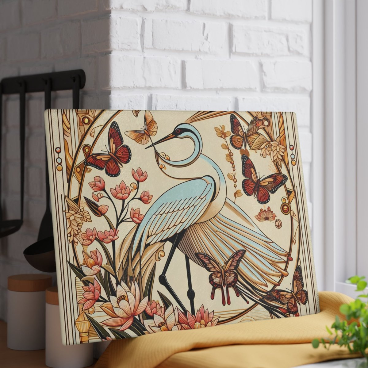Elegant Art Deco Design Floral Crane Glass Cutting Board - Perfect for Cooking and Entertaining 28582086390121945704 Earthbound Pacific