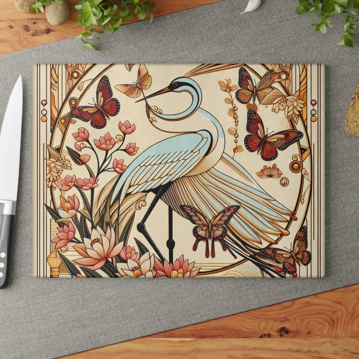 Elegant Art Deco Design Floral Crane Glass Cutting Board - Perfect for Cooking and Entertaining 27828526151472201155 Earthbound Pacific
