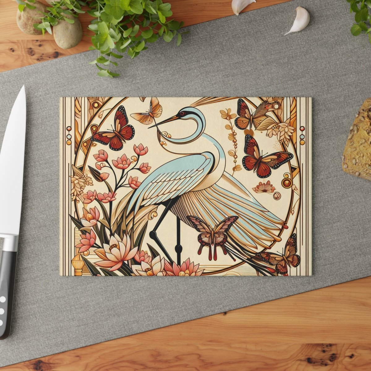 Elegant Art Deco Design Floral Crane Glass Cutting Board - Perfect for Cooking and Entertaining 28582086390121945704 Earthbound Pacific