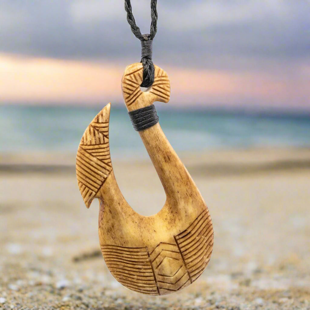 Extra Large Tahiti Inspired Aged Bone Fish Hook Necklace with Scrimshaw - Earthbound Pacific